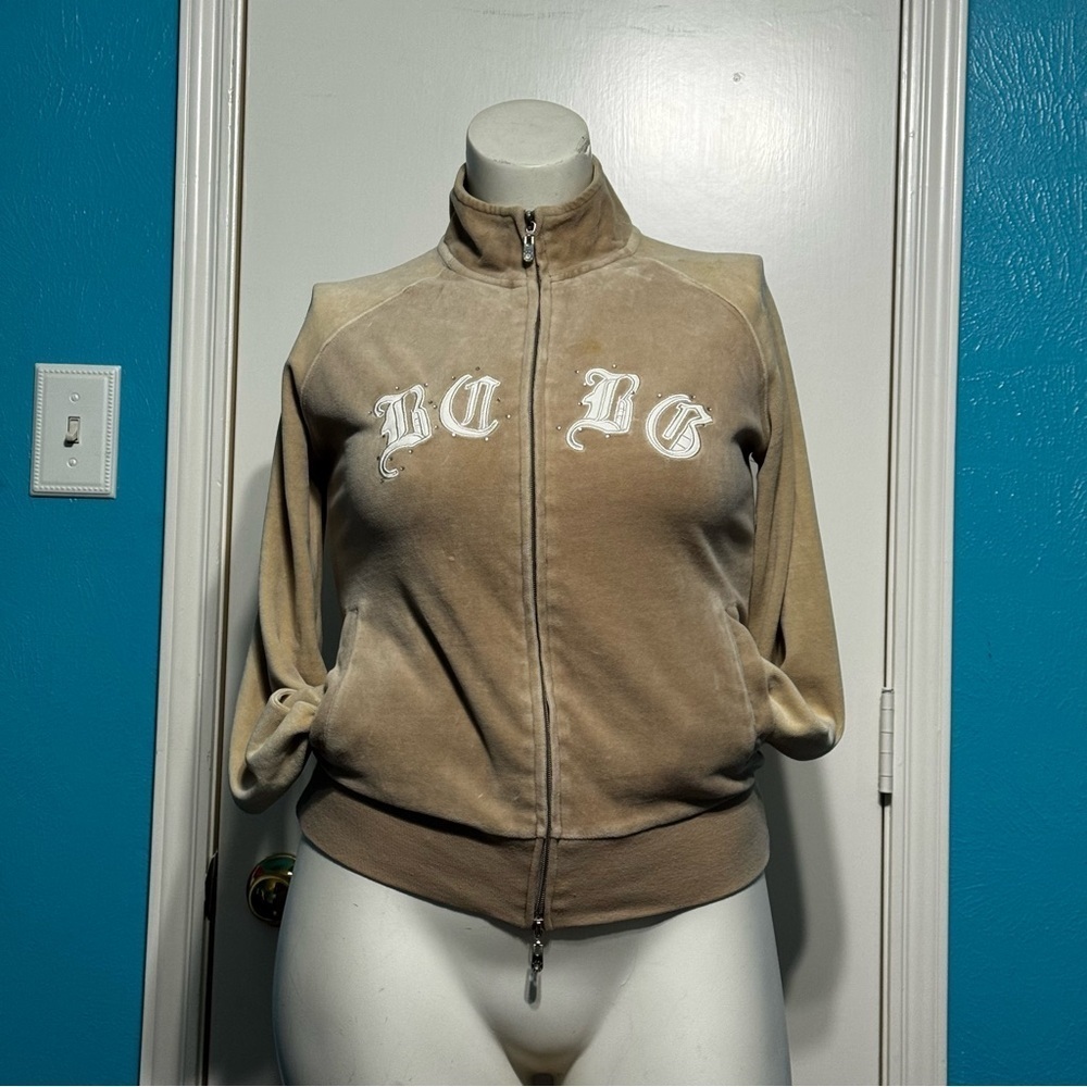 BCBG Max Azria Women's Vintage Y2K velour jacket beige 2 way zipper large GUC